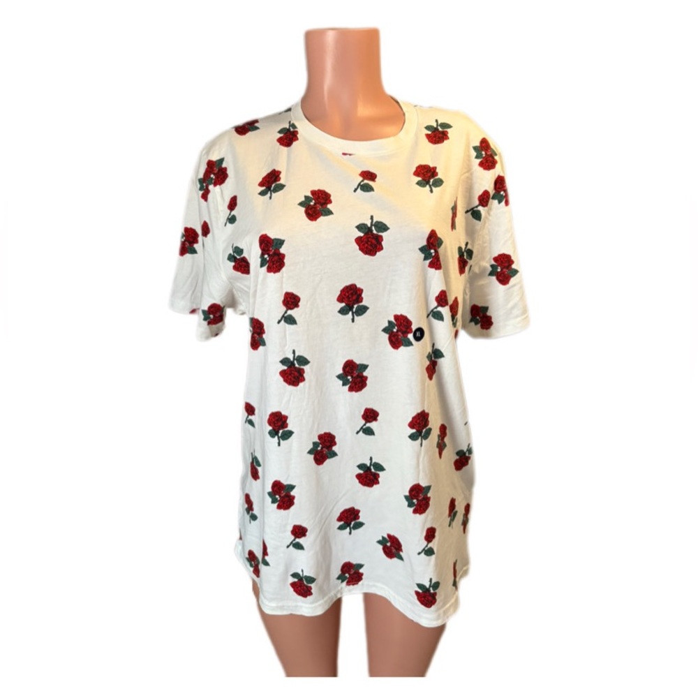 Hollister White Tee with Red and Green Rose Design
